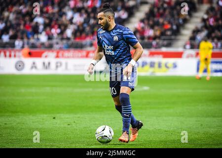Reims, Frankreich, Frankreich. 24. April 2022. Dimitri PAYET aus Marseille während des Ligue 1-Spiels zwischen Stade Reims und Olympique de Marseille (OM) im Auguste Delaune-Stadion am 24. April 2022 in Reims, Frankreich. (Bild: © Matthieu Mirville/ZUMA Press Wire) Stockfoto
