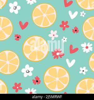 Sommer-Illustration mit Orangen und Zitronen. Seamlees-Muster mit bunten Früchten auf farbigem Hintergrund. Lebensmittelkonzept. Vorlagendesign für Einladung Stock Vektor