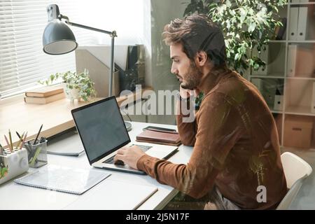 Konzentrierter junger bärtiger Mann in braunem Pullover, der mit Pflanzen am Tisch sitzt und Informationen auf einem Laptop analysiert Stockfoto
