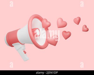 Lautsprecher mit Herzen 3D Render - rosa Megaphon Banner mit Liebe Symbole. Stockfoto