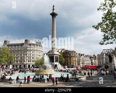 Blick auf Nelson's Column in der Mitte des Trafalgar Square in London an einem hellen Frühlingstag Stockfoto