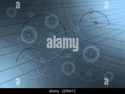Abstraktes grafisches Muster von sich schneidenden Streifen, die mit Ringen, Rändern und volumetrischen Ringen auf einem hintergrundbeleuchteten schwarzen und blauen Halbtonhintergrund bedeckt sind Stockfoto