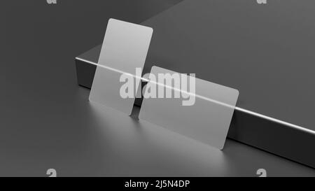 Unbeschriftete Visitenkarten aus klarem Acryl, vertikal und horizontal an einer schwarzen Platte auf einer schwarzen Oberfläche anlehend. 3D Rendern für Mockup und Illustration. Stockfoto