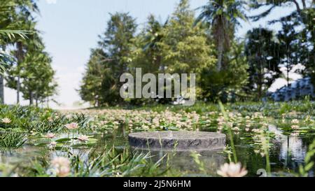 Betonpodium im Tropenwald zur Produktpräsentation im Sumpf,3D Rendering Stockfoto