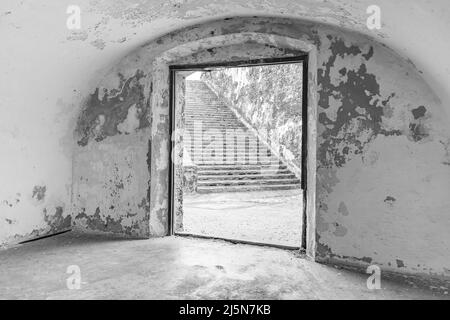 Detailbild von architektonischen Elementen bei E Morro in Old San Juan, Puerto Rico Stockfoto