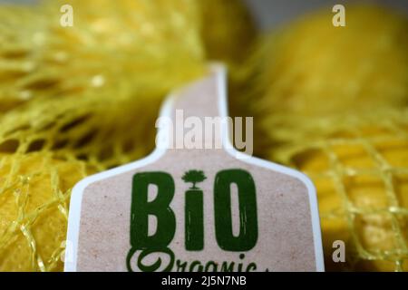 Bio-Bio-gelbe Zitronen in einem Fruchtbeutel Stockfoto