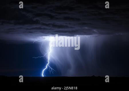 Ein Blitzschlag beleuchtet Regen, der von einem Gewitter in der Nähe von Holbrook, Arizona, fällt Stockfoto
