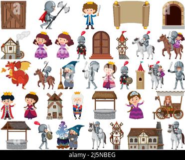 Mittelalterliche Figuren Gebäude Set Illustration Stock Vektor