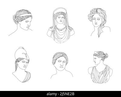 Antike griechische Skulptur. Satz von linearen Göttinnen antiken Statuen. Trendige Vektorgrafik im Stil einer Linie. Handgezeichnete Umrisse weiblich Stock Vektor