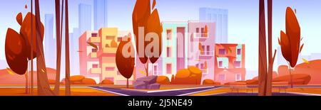Herbstlandschaft mit Stadtpark und Öko-Häusern mit Pflanzen auf Balkonen. Vektor-Cartoon-Illustration der Stadtlandschaft mit öffentlichen Garten, moderne Gebäude, Bänke, fallende Blätter, Orangenbäume und Gras Stock Vektor