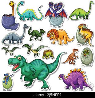 Aufkleber Set von verschiedenen Dinosaurier Cartoon Illustration Stock Vektor