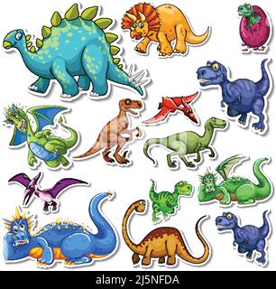 Aufkleber Set von verschiedenen Dinosaurier Cartoon Illustration Stock Vektor