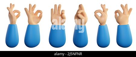Menschliche Hand ok Symbol mit Finger Geste gesetzt. Zustimmung, positives Feedback, „Gefällt mir“ oder „Null“-Konzept. Realistisches 3D hochwertiges Rendering isoliert auf weißem Hintergrund. Stockfoto