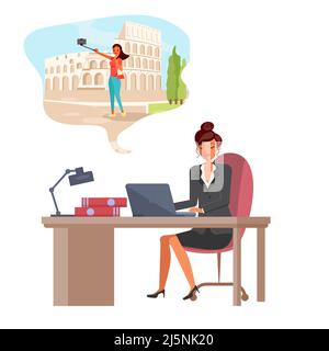 Junge Geschäftsfrau, die am Arbeitsplatz sitzt und vom Urlaub träumt Stock Vektor