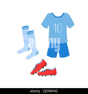 Fußballuniform. Kleidung für Fußballspieler. T-Shirt, Shorts, Socken und Stiefel isoliert auf weißem Hintergrund. Vektorgrafik flach. Stock Vektor