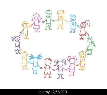 Happy Doodle Stick Kinder halten die Hände. Handgezeichnete lustige Kinder im Kreis. Internationales Freundschaftskonzept. Doodle Kindergemeinde. Vektor linear Stock Vektor