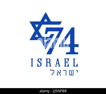 74 Jahre israelisches Unabhängigkeitstag-Emblem mit magen David und hebräischem Text - Israel. 74. Zahlen mit David Stern isoliert auf weißem Hintergrund. Vektor Stock Vektor