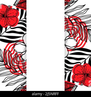 Holiday Board dekoriert mit tropischen Blättern und Blumen, handgezeichnet. Hibiskus. Schwarze und rote Farbpalette auf weißem Hintergrund. Musterplakat, Party-Invita Stock Vektor