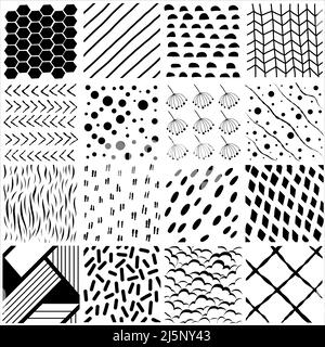 Vektorset mit sechzehn geometrischen Mustern. Moderne, stilvolle Texturen. Sich wiederholende Hintergründe. Vektorgrafik Stock Vektor