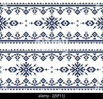 Zmijanski vez Traditionelles Vektor-Nahtloses Muster mit marineblauem Kreuzstich-Motiv - Retro-Design, inspiriert von Volkskunst aus Bosnien und Herzegowina Stock Vektor