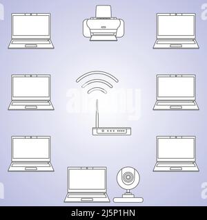 Digitaler Computer-Gerätesatz. Satz von verschiedenen Silhouetten digitalen Geräten und Werkzeugen lineare Vektor-Symbole auf Hintergrund isoliert. Vektorgrafik Stock Vektor