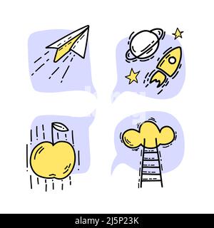 Set Konzept Piktogramme der Illustration kreativen Symbol in Doodle-Stil blau und gelb Farbe. Papierflugzeug, Weltraumrakete, fallender Apfel, Leiter zum Stock Vektor