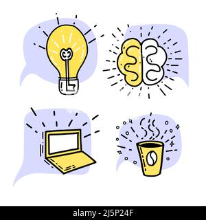 Set konzeptionelle Piktogramme Illustration kreative Symbol Doodle Stil in blau gelbe Farbe Lampe, Kaffee, Gehirn, Computer Stock Vektor