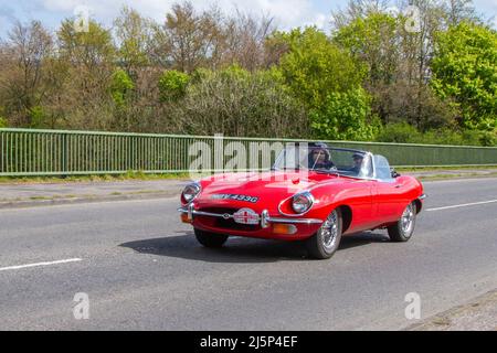 1969 60s 60er Jahre rotes britisches Jaguar E-Type Cabriolet Stockfoto