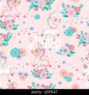Nahtlose Vektor-Muster mit niedlichen glücklich Lama und Blumen isoliert auf rosa Hintergrund. Cartoon-Vektorgrafik. Für Design, Leinen, Tapeten, Deko Stock Vektor