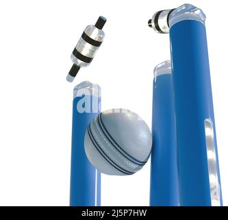 Blaue elektronische Cricket-Wickets mit auslaufenden Bällen und leuchtenden LED-Leuchten auf einem isolierten weißen Hintergrund - 3D Render Stockfoto