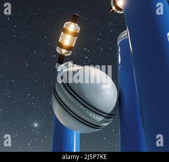 Blaue elektronische Cricket-Wickets mit auslaufenden Bällen und leuchtenden LED-Leuchten auf einem Nachthimmel Hintergrund - 3D Render Stockfoto