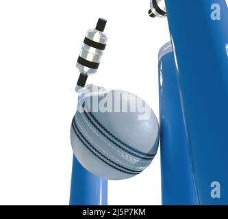 Blaue elektronische Cricket-Wickets mit auslaufenden Bällen und leuchtenden LED-Leuchten auf einem isolierten weißen Hintergrund - 3D Render Stockfoto