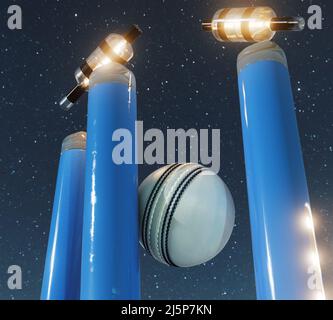 Blaue elektronische Cricket-Wickets mit auslaufenden Bällen und leuchtenden LED-Leuchten auf einem Nachthimmel Hintergrund - 3D Render Stockfoto