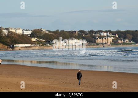 Blick Richtung Norden am Strand entlang nach Filey Town, Filey Bay, Yorkshire Ostküste, Nordengland, Großbritannien Stockfoto