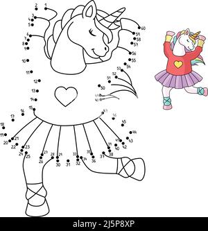 Dot to Dot Einhorn Ballerina Tanzen isoliert Stock Vektor