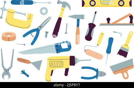 Arbeitswerkzeuge. Reparaturwerkzeugsatz mit Bohrer, Hammer, Schraubenschlüssel. Zimmermann Doodle Konstruktion und Bau von flachen Geräten, Heiminstrumente anständig Stock Vektor