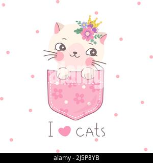 Niedliches Kätzchen in der Tasche. Kawaii Katzenmotiv, süßes Haustier für T-Shirt. Kunst Mädchen Tier Dekor, lustige dekorative Aufkleber mit Cartoon nowaday Vektor Stock Vektor