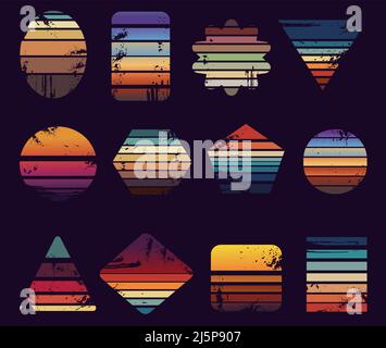 Vintage-Drucke bei Sonnenaufgang. Grunge Sunset Logo verschiedene Formen. Vintage california Beach Retro Labels, 80s 90s Surf Beach T-Shirt neoterische Vektor Aufkleber Stock Vektor