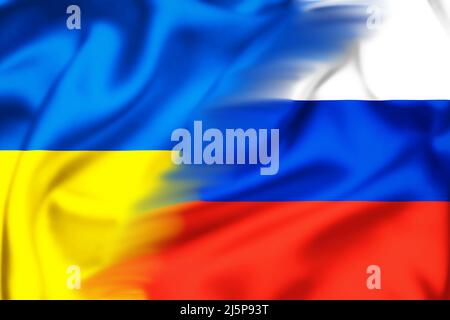 Blended Silk Flags of Russian Federation and Ukraine Illustration, Konzept der angespannten Beziehungen zwischen der Ukraine und Russland Stockfoto