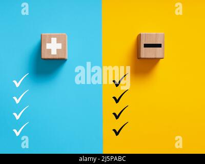 Vor- und Nachteile, Dinge zu tun oder nicht zu tun oder Stärken und Schwächen Konzept. Plus- und Minus-Symbole auf blauem und gelbem Hintergrund mit Häkchen Stockfoto