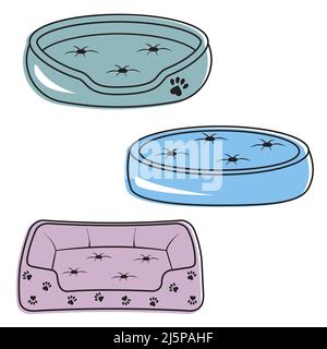 Bettset für Hunde und Katzen, farblich isolierte Vektorgrafik. Stock Vektor
