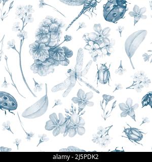 marienkäfer Marienkäfer Insekten und Blumen Geranium und Forget-Me-Nots schöne Frühling Clipart handgezeichnete Aquarell Set separat auf weißem Backgr Stockfoto