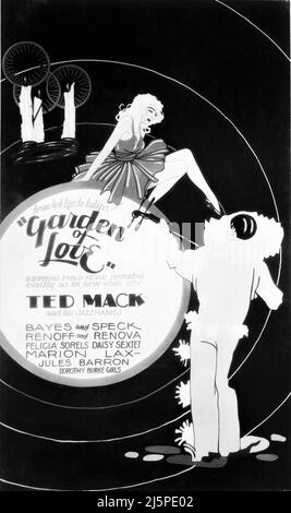 Handgemalte Ausstellung um 1930 für die Publix Revue GARDEN OF LOVE Live Prolog mit TED MACK und seinen Jazzmaniacs und den Dorothy Burke Girls direkt aus New York City für Paramount Publix Movie Theatres Stockfoto