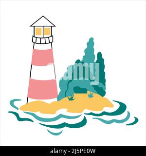 Leuchtturm auf einer Insel handgezeichnete Ikone im Doodle-Stil. Vektorgrafik Stock Vektor