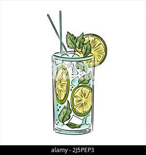 Sommer alkoholischer Cocktail Mojito mit Eis, Minze und Limette. Stock Vektor