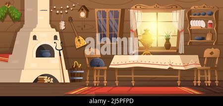 Russisches Haus. Alte slawonische Zimmer Interieur mit vintage authentische traditionelle Möbel genaue Vektor-Cartoon-Hintergrund Stock Vektor