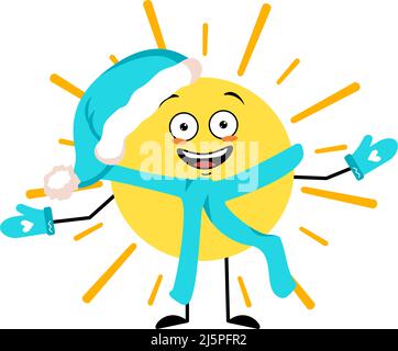Niedliche Sonnenfigur in Weihnachtsmütze mit fröhlichen Emotionen, fröhlichem Gesicht, lächelnden Augen, Armen und Beinen. Person mit lustigem Ausdruck und Pose. Vektorgrafik flach Stock Vektor