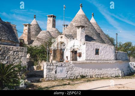 Gruppe von schönen Trulli oder Trullo Haus, traditionelle Apulische Trockensteinhütte mit einem kegelförmigen Dach und alten Trockensteinmauern in Apulien, Italien, mit Pflanzen Stockfoto