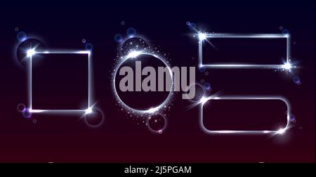 Leere Rahmen mit Lichteffekten. Isolierte, futuristisch leuchtende Ränder. Verschiedene Formen mit Fackeln. Runde, quadratische und rechteckige Gläser mit funkelndem Glanz Stock Vektor