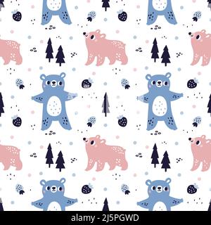 Cartoon Bär nahtlose Muster. Niedliche Farbtiere, Bäume und Waldbeeren. Skandinavisches Druckdesign. Grizzly-Figuren und Waldfichten. Wild Stock Vektor